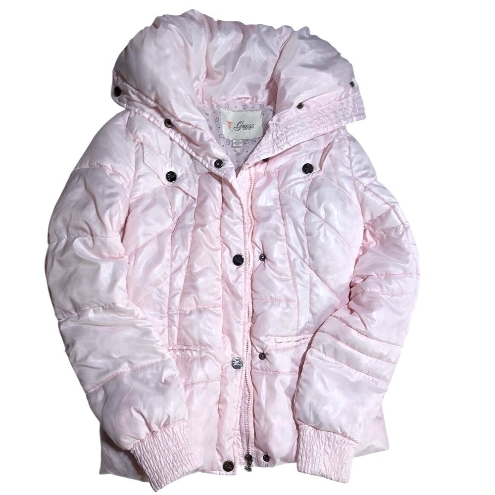 Guess Kids Puffer Jacket Pink high neck Quilted Zip Front Girls S cozy sweet